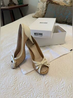Moschino Cheap & Chic Rafia & Leather Peep Toe Heels